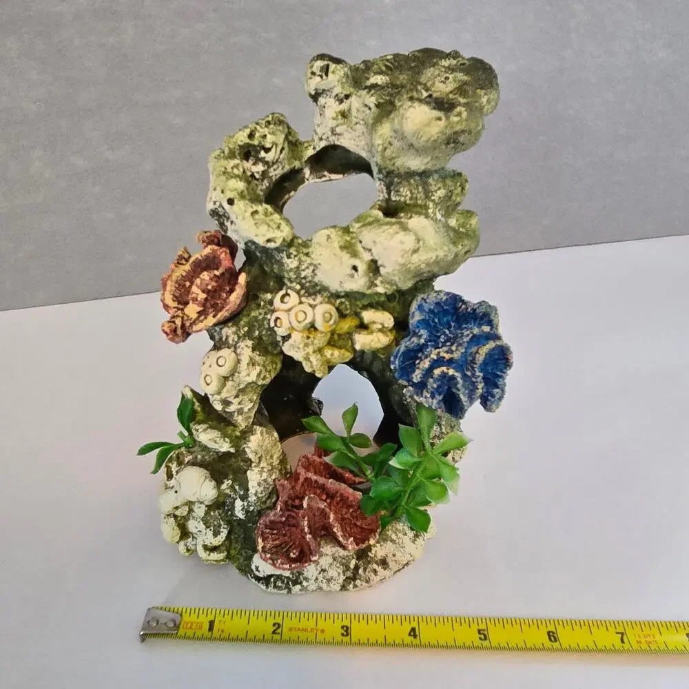 Fish Tank Aquarium Decorations Artificial Plastic Plants 2 Cave Rocks Decor Set
